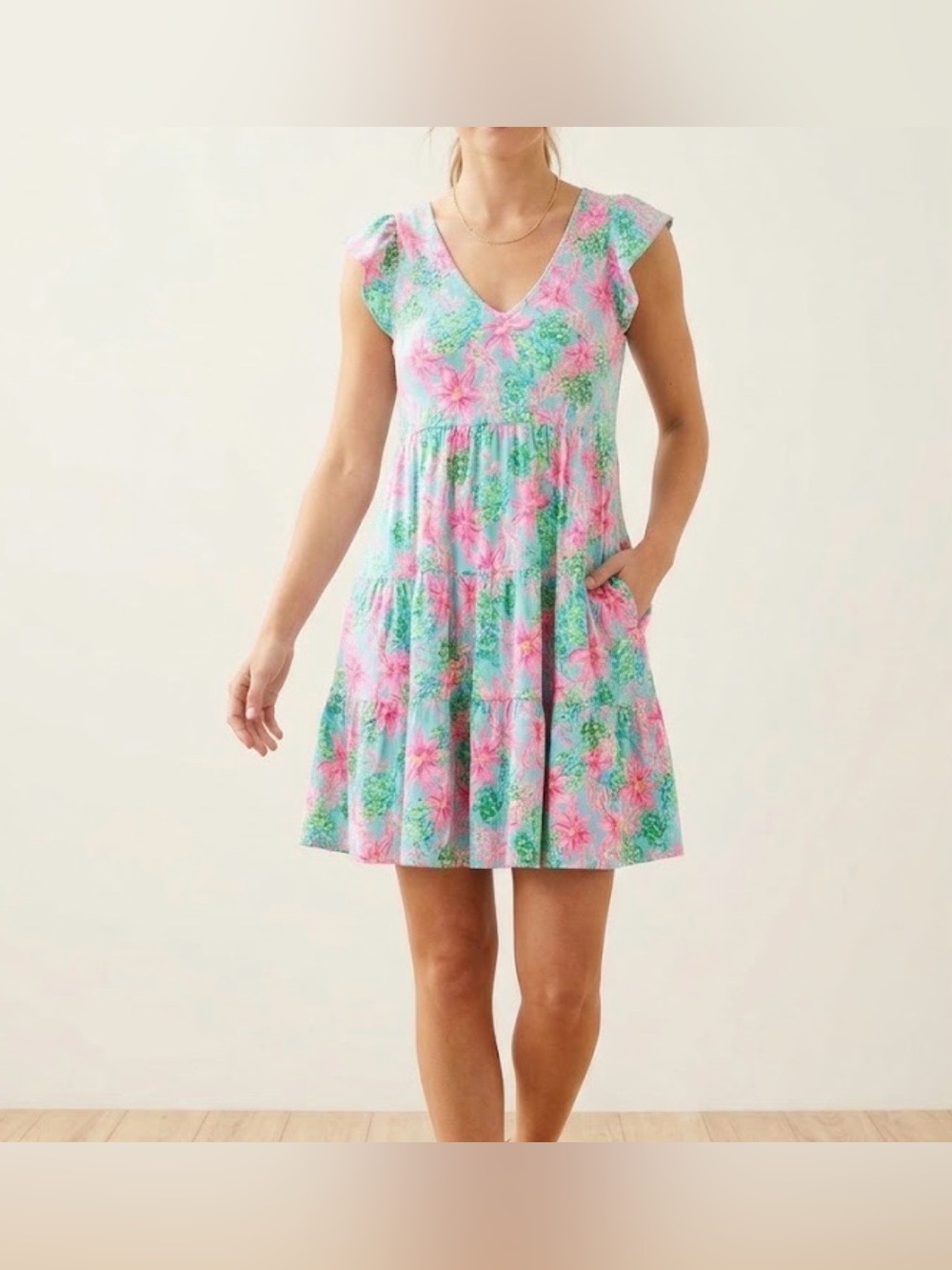 Lilly Pulitzer Kawai Flutter Sleeve Dress Surf Blue So Shellegant Size S Pockets
